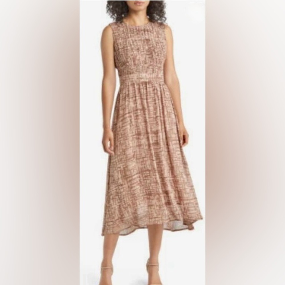 ZOE AND CLAIRE Pleat Sleeveless Midi Dress in Mink Multi Sz Medium